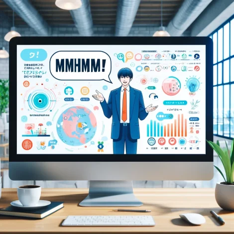 ビジネスパーソンが「MMHMM!」と良いながら様々なデータを背景にしてプレゼンしているアニメ風画像、その画像がパソコンのモニターに映っている
